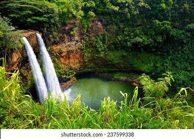 Majestic Twin Wailua Waterfalls On Kauai, Hawaii