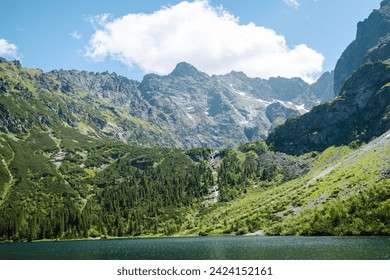 Majestic view of beautiful lush green valley  and colorful grass and lake  against picturesque high mountains.