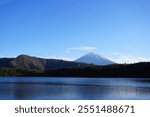 Majestic View of Mt. Fuji Japan, Clear blue skies and landscape view of lake in Japan, with snow capped mountain, Japan Nature, calm and peaceful 