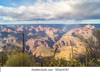 A Majestic View On Grand Canyon National Park (south Rim) Arizona, USA, With Rainbow.