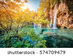 Majestic view on turquoise water and sunny beams. Unusual and gorgeous scene. Location famous resort Plitvice Lakes National Park, Croatia, Europe. Beauty world. Retro filter. Instagram toning effect.