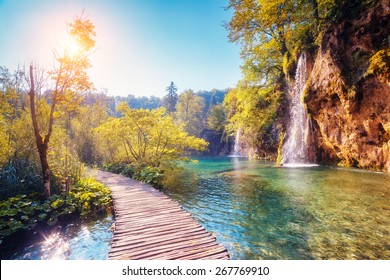 Majestic view on turquoise water and sunny beams in the Plitvice Lakes National Park. Croatia. Europe. Dramatic unusual scene. Beauty world. Retro filter and vintage style. Instagram toning effect. - Shutterstock ID 267769910
