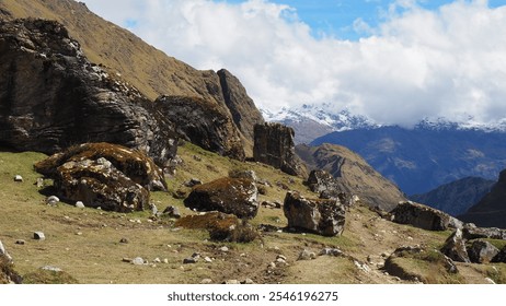 Majestic view of rocky terrain in the Peruvian Andes along the Inca Trail, showcasing rugged landscapes, snow-capped peaks, and expansive skies. Ideal for travel, nature, hike outdoor adventure free - Powered by Shutterstock