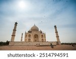 Majestic View of the Taj Mahal in Agra, India – A Timeless Symbol of Love and Architectural Brilliance Captured from a Striking Low Angle with Stunning Symmetry, Grandeur, and Ample Copy Space