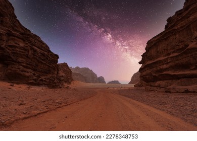 Majestic view of the Wadi Rum desert, Jordan, The Valley of the Moon. Orange sand, Milky Way sky.
Sunset wallpaper. World landmarks. Discover beauty of the earth. National park outdoors landscape. 