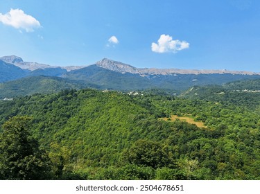 Majestic Vista: Point of View with Blue Sky, Clouds, and Green Trees in the Summer – Somewhere in Macedonia. - Powered by Shutterstock