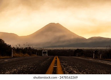 Majestic volcanic Mount Ngauruhoe with golden color sky in foggy over highway road at North Island, Tongariro national park, New Zealand - Powered by Shutterstock