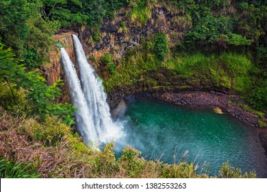 The majestic Wailua Falls on the island of Kauai. Wailua means 'two waters.'