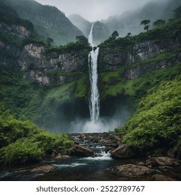 A majestic waterfall cascades down a rugged mountain cliff, its powerful flow carving a path through the lush green foliage. Mist rises from the crashing water, creating a serene, ethereal atmosphere. - Powered by Shutterstock