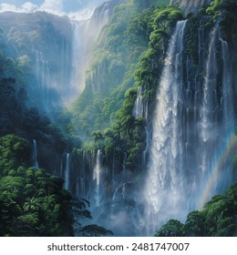 A majestic waterfall cascading down lush green cliffs - Powered by Shutterstock