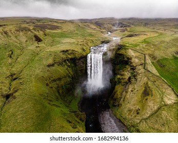 Majestic Skógafoss waterfall in fouthern iceland from above