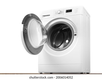 Major appliance - Front and down view open door washing machine isolated white and wood background - Powered by Shutterstock