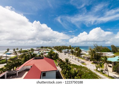 Majuro Town Centre Aerial View, Central Business District, Marshall Islands, Micronesia, Oceania, South Pacific Ocean. Delap, Uliga, Djarrit Villages. Azure Turquoise Atoll Lagoon, Blue Tropical Skies