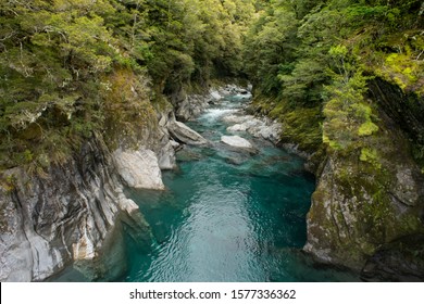 Makaroa Blue Pool located in Mount Aspiring National park in South Island, New Zealand.Crystal clear mountain river.