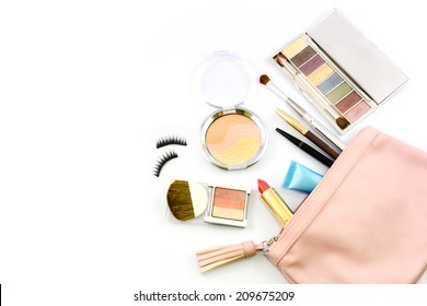 Make Up Bag With Cosmetics And Brushes Isolated On White