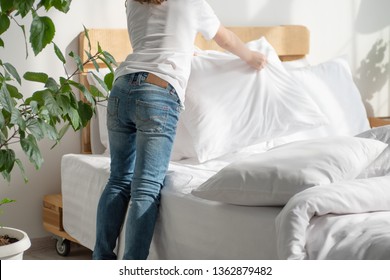 Make A Bed, Girl Making Her Bed In Room After Wake Up.