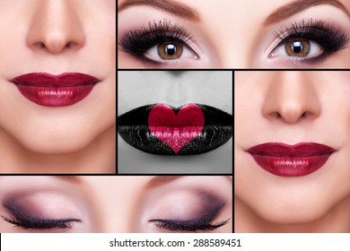 Make up collage of eyebrows, eyelashes and lips. Red lips. Concept of lips with heart on them