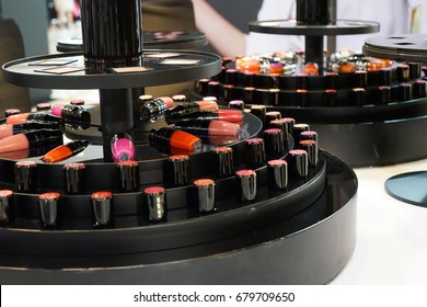 Make Up Counter In Department Store, Lipstick And Face Powder Tester.