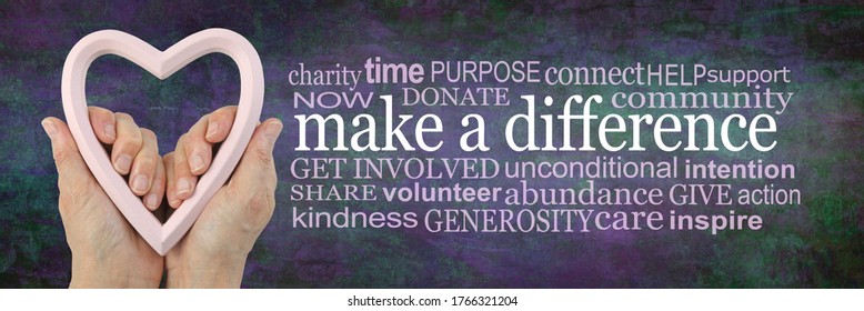 Make a Difference Campaign Word Cloud - Female hands holding a pink heart frame beside a MAKE A DIFFERENCE word cloud on a jade green purple rustic grunge background
