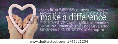 Make a Difference Campaign Word Cloud - Female hands holding a pink heart frame beside a MAKE A DIFFERENCE word cloud on a jade green purple rustic grunge background
