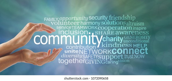 Make a Difference in Your Community Word Cloud - Female cupped hands around the word COMMUNITY and a relevant word tag cloud against a blue green bokeh background

