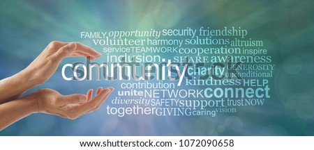 Make a Difference in Your Community Word Cloud - Female cupped hands around the word COMMUNITY and a relevant word tag cloud against a blue green bokeh background
