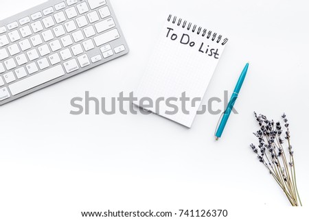 Make to do list. Notebook near branches of lavender and keyboard on white background top view copyspace