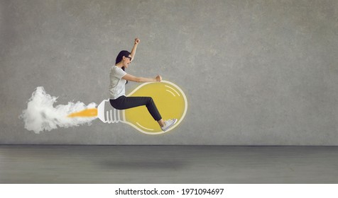 Make dream come true. Side view confident hipster girl with drive to succeed riding yellow cartoon doodle idea light bulb rocket. Modern business header, year 2021 ultimate gray and illuminating color