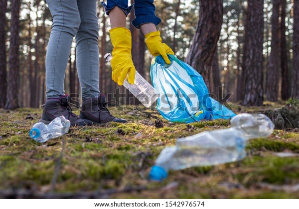 Make the Earth clean!\
Volunteer is cleaning forest from plastic pollution. Environmental\
issues. Woman with protective glove picking plastic garbage in\
nature