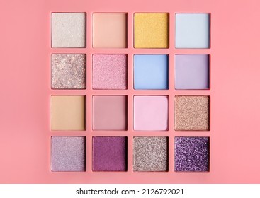 Make up eyeshadow multicolor palette. Colorful bright eye shadows set for visage. Сosmetic background.