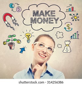 Make Money Idea Sketch With Young Business Woman Wearing White Eyeglasses 