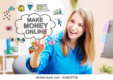 Make Money Online Concept With Young Woman In Her Home Office