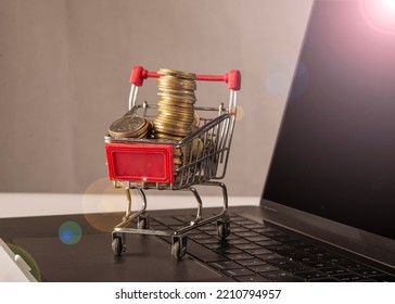 Make Money Online - Shopping Cart Full Of Gold Coins With Laptop Screen.