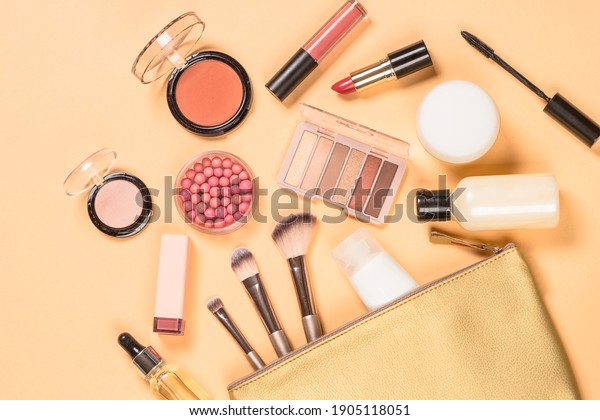 Make up products. Professional cosmetics at color\
background. Flat lay\
image.