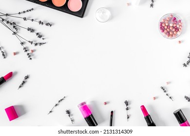 Make Up Set With Decorative Cosmetics Woman Desk Background Top View Mock-up