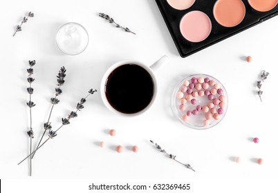 Make Up Set With Decorative Cosmetics Woman Desk Background Top View