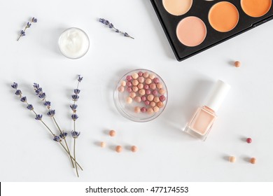 Make Up Set On White Background With Lavender Top View