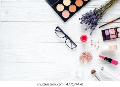 Make Up Set On Wooden Table With Lavender Top View