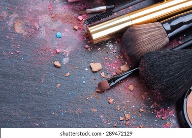 Make Up Set, Soft  Makeup  Brushes And  Maskara On Black Background