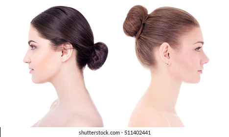 make up and skin care concept - side view of beautiful women with perfect skin isolated on white background