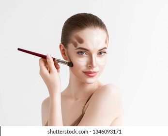 Make up woman face. closeup Contour and Highlight makeup sample. Professional Contouring face make-up over white background