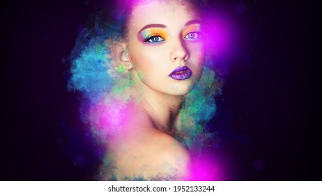 Make Up Woman. Fashion Model Girl Portrait With Colorful Powder Makeup. Close-up Lady Face, Abstract Colourful Make-up, Art Design. Copy Space.