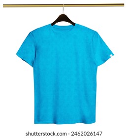 Haz tu obra de arte más rápida y bellamente, con esta maqueta de camiseta de algodón impresionante vista frontal en color azul pavo real con colgador. Foto de stock