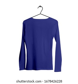 Make Your Design More Luxurious With Back View Long Sleeves Female Tshirt Mock Up With Hanger In Royal Blue Color.