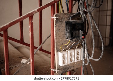 Makeshift temporary electrical panel with sockets and exposed wiring attached to a rusty metal railing on a concrete staircase at a construction site.