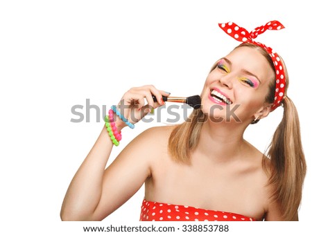 Makeup Applying closeup. Cosmetic Powder Brush. Isolated on white background