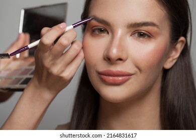 Makeup artist applies brown color shadow to a eyebrow of brunette woman. Make-up concept - Shutterstock ID 2164831617