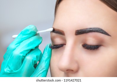 makeup artist applies paint henna on eyebrows in a beauty salon. Professional care for face.