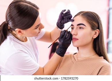 Makeup Artist Applies Paint Henna On Eyebrows In A Beauty Salon.