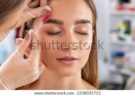 The make-up artist does Long-lasting styling of the eyebrows of the eyebrows and will color the eyebrows. Eyebrow lamination. Professional make-up and face care. ストックフォト © 